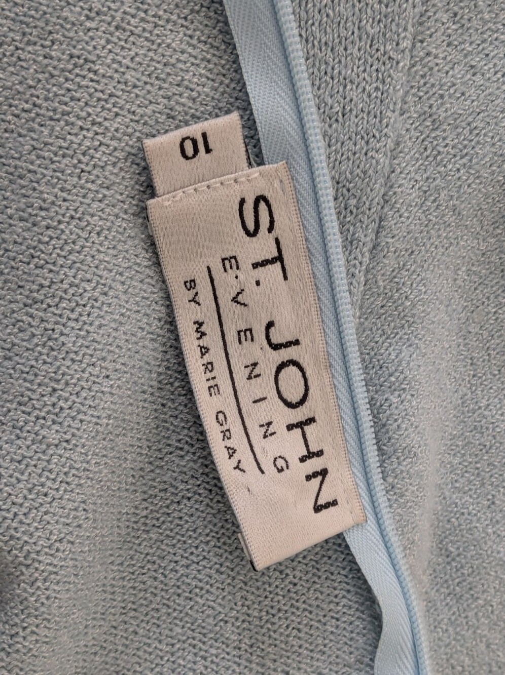 St John Evening Marie Gray Sparkle Pale Blue Knit Asian Midi Sheath Dress Sz 10 - Picture 9 of 15